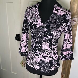 INC International Concepts Pink and Black Patterned Lace Collared Blouse Y2K 90s